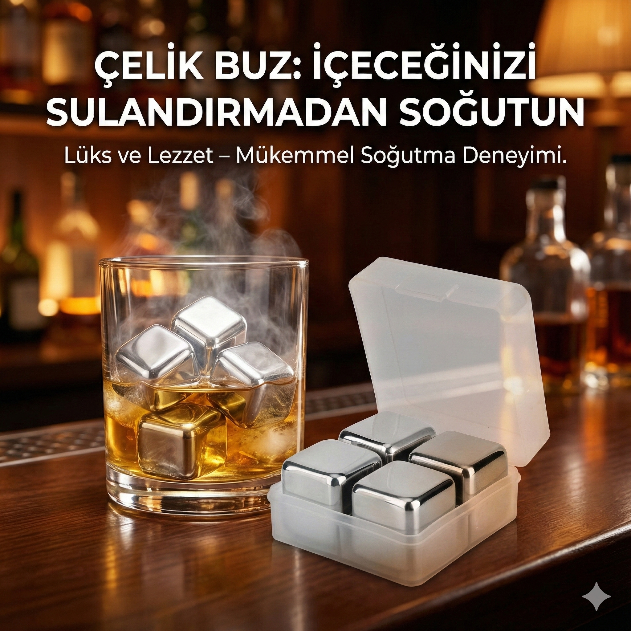 4'lü Çelik Metal Kaplama Viski Taşı Soğutma Buz Küpü